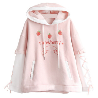 Japonés Harajuku Kawaii mujeres sudadera invierno dulce fresa con capucha Lolita lana caliente encaje hasta rosa jersey