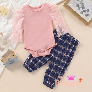 Conjunto de ropa de dos piezas de bebé niñas, rosa cuello redondo manga larga mameluco y cuadros impresos pantalones
