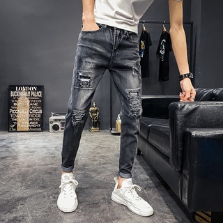 Negro Ripped Hombres Jeans De Los De La Calle Desgaste Slim-Fit Pies Pequeños De Moda Todo-Partido Casual Pantalones Largos Estilo