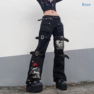 Rosa Mujeres Goth Punk Cintura Alta Jeans Harajuku Metal Hebilla Hip Hop Impresión Pantalones De Carga Ancho Pierna Holgada Mezclilla