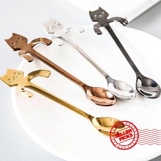 Cute Cartoon Kitten Handle Can Hang Mixing Spoon Stainless Spoon Coffee Dessert Hangable Mini A7Z2