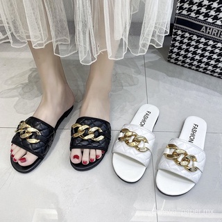 [24 horas de envío]sandalias de mujer de alta calidad de la moda de oro de la cadena de la barra redonda de fondo plano abierto del dedo del pie abierto zapatilla kasut