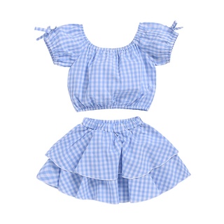 Baby Girls Tops with Skirts Suit Plaid Short Sleeves Breathable Clothing Set for Summer