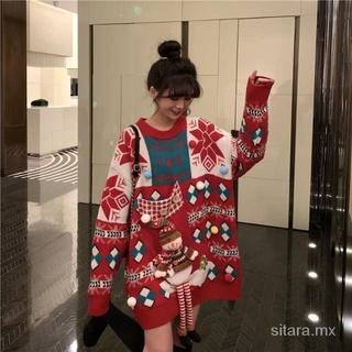 2021 invierno nuevo suéter rojo navideño diseño de chaqueta de mujer suelta de gran tamaño suéter de punto perezoso superior (5)