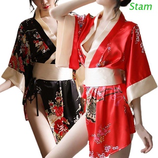 Stam Women Sexy Lingerie Set Traditional Japanese Kimono Floral Robe Yukata Anime Cosplay Uniform Bowknot Waistband Nightgown (1)