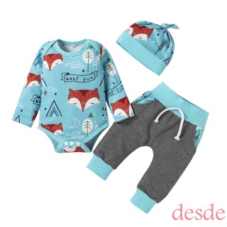 ☽Lp✲Tres piezas ropa de bebé niño lindo zorro manga larga mameluco y contraste Color pantalones largos con sombrero