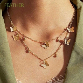 collar de mariposa con pluma para mujer/collar de mariposa chic/cadena de clavícula/accesorios de bling/color dorado/joyería de moda/colgante de mariposa de doble capa
