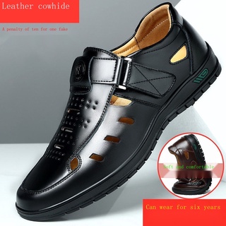 Cuero Genuino Zapatos De Los Hombres s Sandalias Transpirable Hueco Antideslizante casual De Mediana Edad Y Ancianos Papá