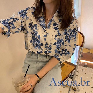 asu-mujer verano floral camisa, adultos botón abajo linterna manga turn-down (1)