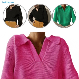 hailey.mx Lady Autumn Sweater Loose V Neck Knitted Pullover Lapel for Daily Wear