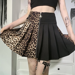 Mini falda gótica negra Punk negra y leopardo falda plisada de cintura alta