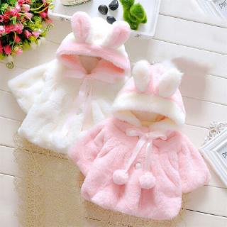 Baby Girl Faux Fur Coat Pearl Button Bow Cute Bunny Ear Hooded Outwear Thick and Warm Jacket