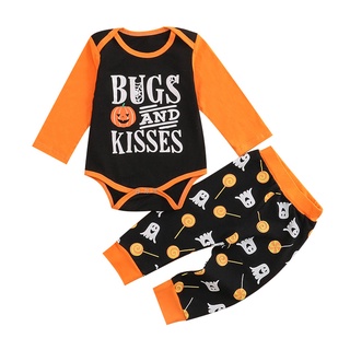 ╭trendywill╮Newborn Infant Baby Girls Boys Halloween Letter Romper+Cartoon Pants Outfits Set