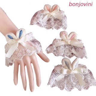 bonjo 1 Pair Sweet Lolita Girl Lace Wrist Cuffs Cute Plush Rabbit Bunny Ears Bowknot Bracelet Wristband Anime Maid Cosplay Costume Hand Sleeves