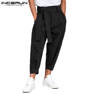 incerun hombres casual color sólido cintura elástica con cinturón holgado pantalones largos (1)