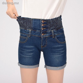∈❇Las mujeres de cintura alta pantalones vaqueros de mezclilla pantalones cortos de verano suelto delgado cintura elástica pantalones cortos