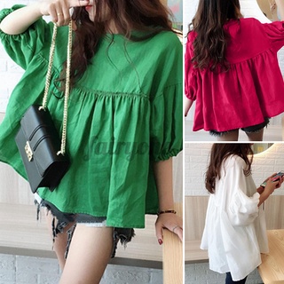 FAIRY Women's Casual Loose O-Neck Puff Sleeve Solid Blouse