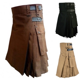 Men Vintage Gothic Steampunk Patchwork Pocket Leather Kilt Cargo Scottish Dress (1)