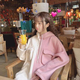 Sudadera De Mujer Ropa De Estilo Japonés Suave Chica Pequeña Fresca Lindo Bolsillo Estudiante Suelto Color Match (4)