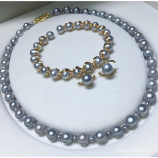Conjunto de collar de Agua Dulce elegante gris perla collar pulsera pendientes tachuelas mujeres8-9mmModa clásica Simple elegante y a juego