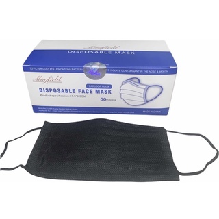 Cubrebocas tricapa negro con fondo blanco/azul/ negro ambos marca Mayfield calidad premium presentacion 50 y 100 pz