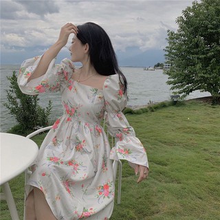 [spot mujer faldas] francés cuello cuadrado falda floral, mujer otoño nuevo estilo puff manga diseño, dulce temperamento platycodon vestido