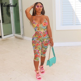 Sexy Floral Hawaiian Print Mesh Jumpsuit Deep V-neck Club Outfits For Women Summer Backless Mesh Bodycon Shorts Playsuit