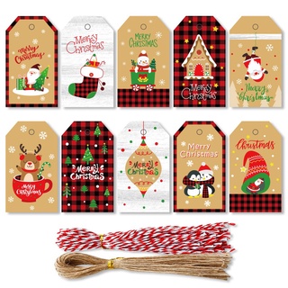 100 piezas Retro navidad muñeco de nieve alce etiqueta decoración DIY fiesta mensaje tarjeta colgar etiqueta con cuerda de cáñamo (1)