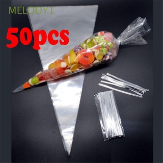 MELODY1 50PCS Hot Sweet Box Wedding Party Halloween Candy Clear Cellophane Packing Bag with Twist Ties Flower Christmas Gifts Chocolate Useful Popcorn Cone