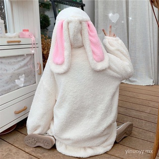 Otoño e Invierno nuevo japonés lindo Orejas de conejo con capucha de piel de cordero más terciopelo grueso de felpa conejo suéter abrigo para mujeres (9)