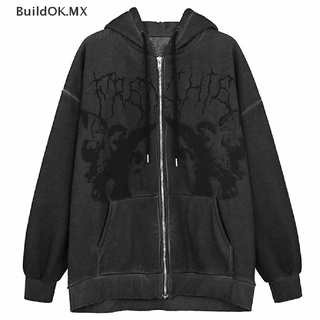 【BuildOK】 Angel Print Oversized Hoodies Female Zip Up Aesthetic Gothic Grunge Streetwear [MX]