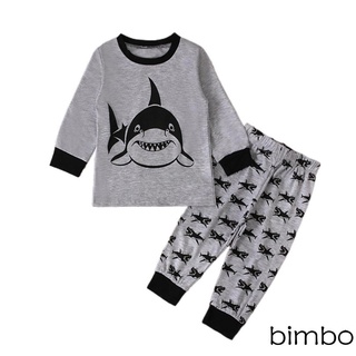✡Cu★Niños Casual de dos piezas conjunto de ropa, tiburón gris impreso patrón redondo cuello jersey y cintura elástica pantalones
