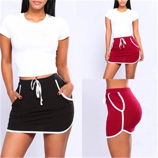 Paquete de cadera falda corta alta elasticidad cintura rayas costura Mini falda Fitness
