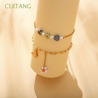 CUITANG Cool Female Ankle Chain Charm Pearl Bracelet Titanium Steel Anklet Women Heart Flower Bohemian Double Layer Barefoot Chain Butterfly/Multicolor
