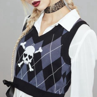 Punk Style Calavera Impreso Tanque De Tejer e-Girl Mall Goth Manga Slim pull 90s Mujer's vintage Argyle kawaii Mujer s Suéter (1)