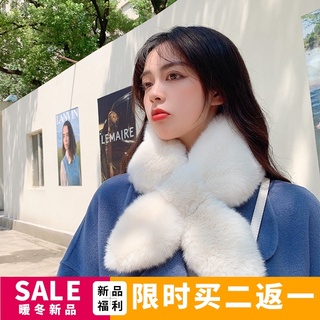 Corea del SurchicViento grueso Color sólido bufanda peluda todo-juego cálido imitar Rex conejo piel Cruz bufanda de felpa invierno mujeres