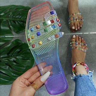 Moda INS estilo hermoso brillante taladros arco iris colorido remache incrustación plana Jelly zapatos zapatillas para las mujeres (talla 36-42)
