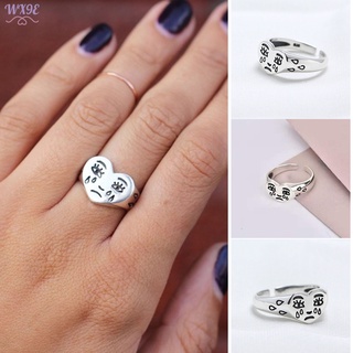 Wx9e anillo abierto de aleación en forma de corazón llorando cara dedo joyería ajustable tallado anillo para mujeres hombres (1)
