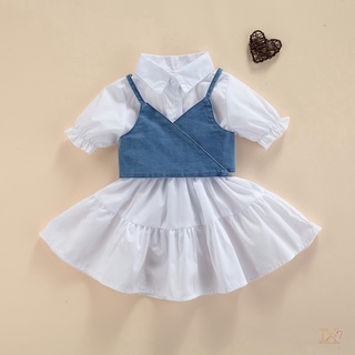 ✨JX-Kids Girls Set Short Sleeve Dress + Denim Vest, Simple Style Adjustable (1)