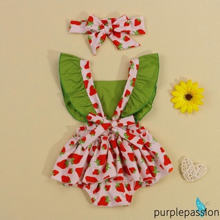 Purp-2 piezas trajes de verano recién nacidos, bebé niñas aguacate/fresa/maíz impresión mosca manga cuello cuadrado mameluco + diadema Bowknot (6)