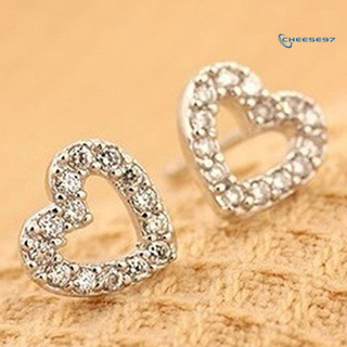 [ER] 1 par de aretes con incrustaciones de diamantes de imitación en forma de corazón con incrustaciones de plata para fiestas de boda