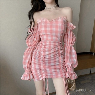 stock listo rosa off-cuello dulce cuadros mini vestido de verano delgado retro de manga larga ropa de mujer