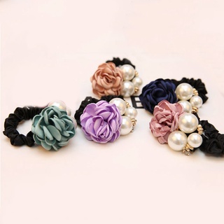 as Fashion Women Faux Pearls Rose Flower Hair Band Rope Scrunchie Ponytail Holder