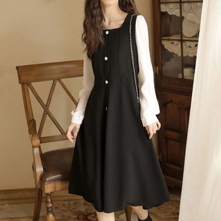 Little black dress long skirt tea break skirt square collar black French retro dress Hepburn style female 2021