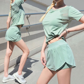 【2 piece set】Yoga terno suit women's mesh breathable dry clothes short sleeve shorts running suit women's fitness suit