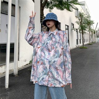 Estilo retro Chic Harajuku estilo impreso mujer suelta manga larga impreso camisa mujer diseño sentido