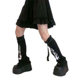 10mk mujeres oscuro Goth Punk negro pierna calentador calcetines Harajuku Hip Hop llama impresión pie cubre mangas con hebilla cinturón Lolita Cosplay Streetwear