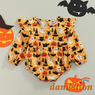 DANDELION-Baby Girl Halloween Rompers, Ruffled Long-Sleeves Jumpsuit with Crotch
