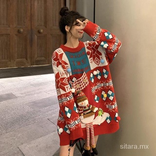 2021 invierno nuevo suéter rojo navideño diseño de chaqueta de mujer suelta de gran tamaño suéter de punto perezoso superior (8)