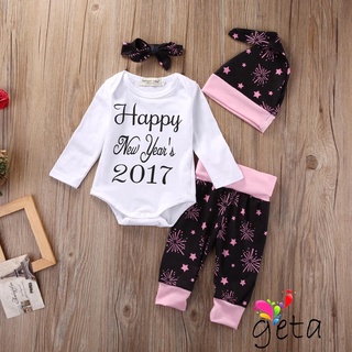 Ljw-zz conjunto de ropa de bebé recién nacido niñas de manga larga letra mameluco +pantalones de fuegos artificiales +sombrero+diadema de arco